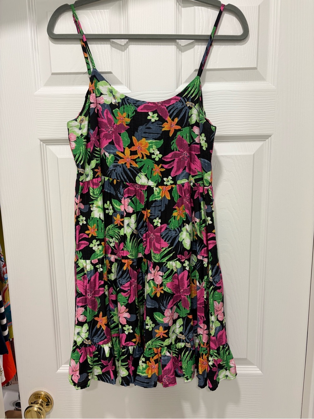 Girls Black Tropical Floral Sundress with Pink & Green Accents